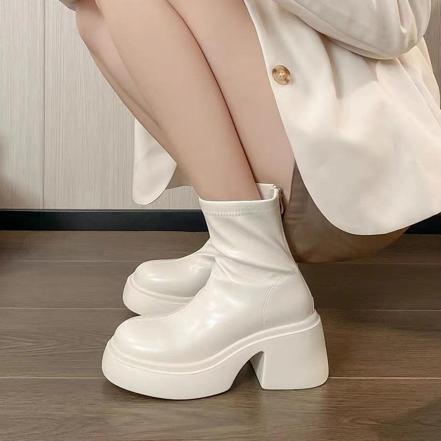 Slim Boots with Thick Soles and High Heels, White Martin Boots for Women, 2025 Autumn and Winter New Style, Height-Increasing Elastic Boots for Petite Women, Short Boots for Women