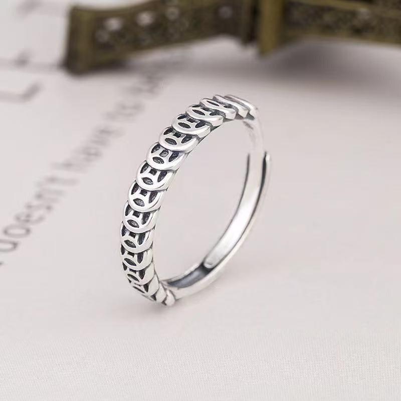 S925 Sterling Silver Copper Coin Ring for Women, Thai Silver Vintage Money Multi-Ring Index Finger Korean Version Ins Retro Personality Fortune Ring