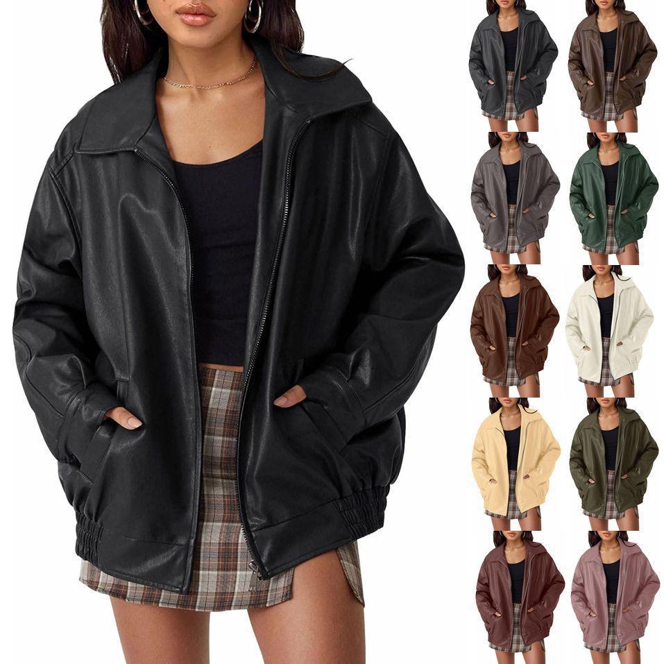 2024 European and American Cross-Border New Women's Oversized Motorcycle Leather Jacket Autumn and Winter Fashion Loose Long-Sleeved Motorcycle Jacket