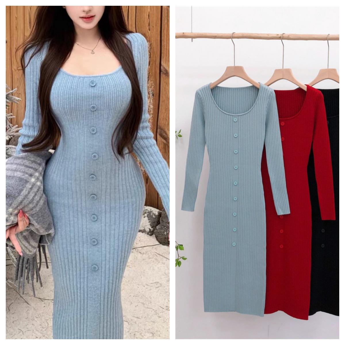 8310 Autumn/Winter Pure Desire Large Round Neck Buttoned Ribbed Slim Fit Bodycon Dress to be worn under a coat