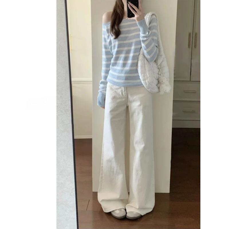 White Wide-Leg Jeans for Women, 2026 Spring New Style, High-Waisted, Slimming, Loose Fit, Petite, High-End Drape, Straight-Leg Pants