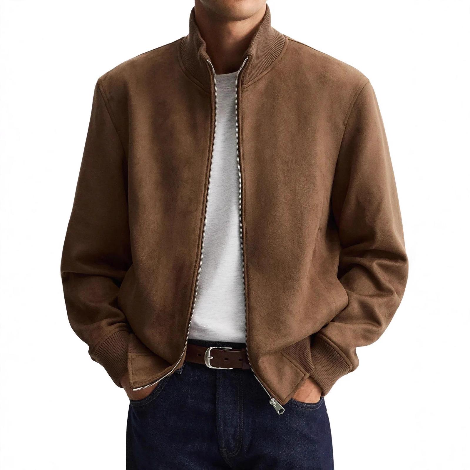 2026 New Autumn and Winter Stand-Up Collar Zipper Jacket for Men, Simple Solid Color, High-End Casual Long-Sleeve Jacket