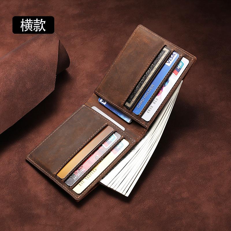 Cross-border supply of crazy horse leather men's short wallet retro leather multi-functional long wallet card bag factory hot sale