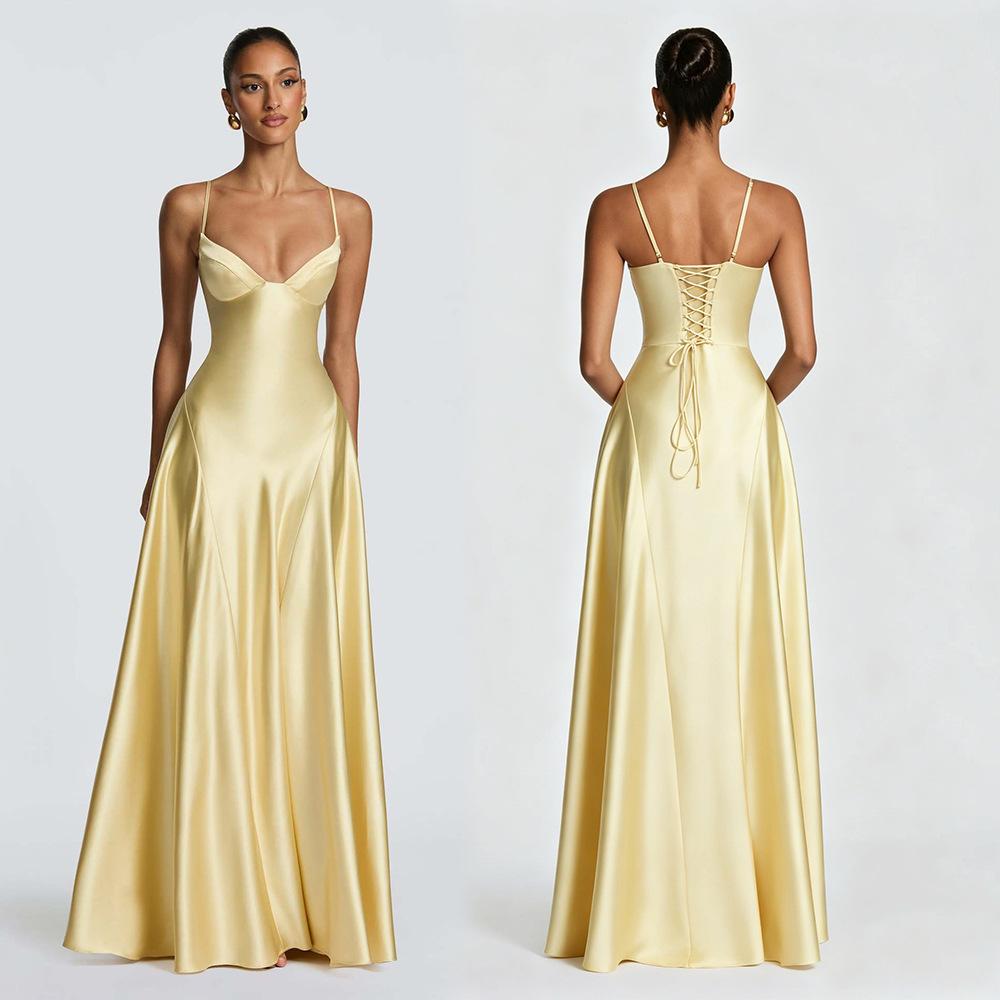 2026 New European and American Style Satin Strapless Waist-Cinching Long Evening Dress with Deep V-Neck and Elegant Flare Skirt for Evening Parties