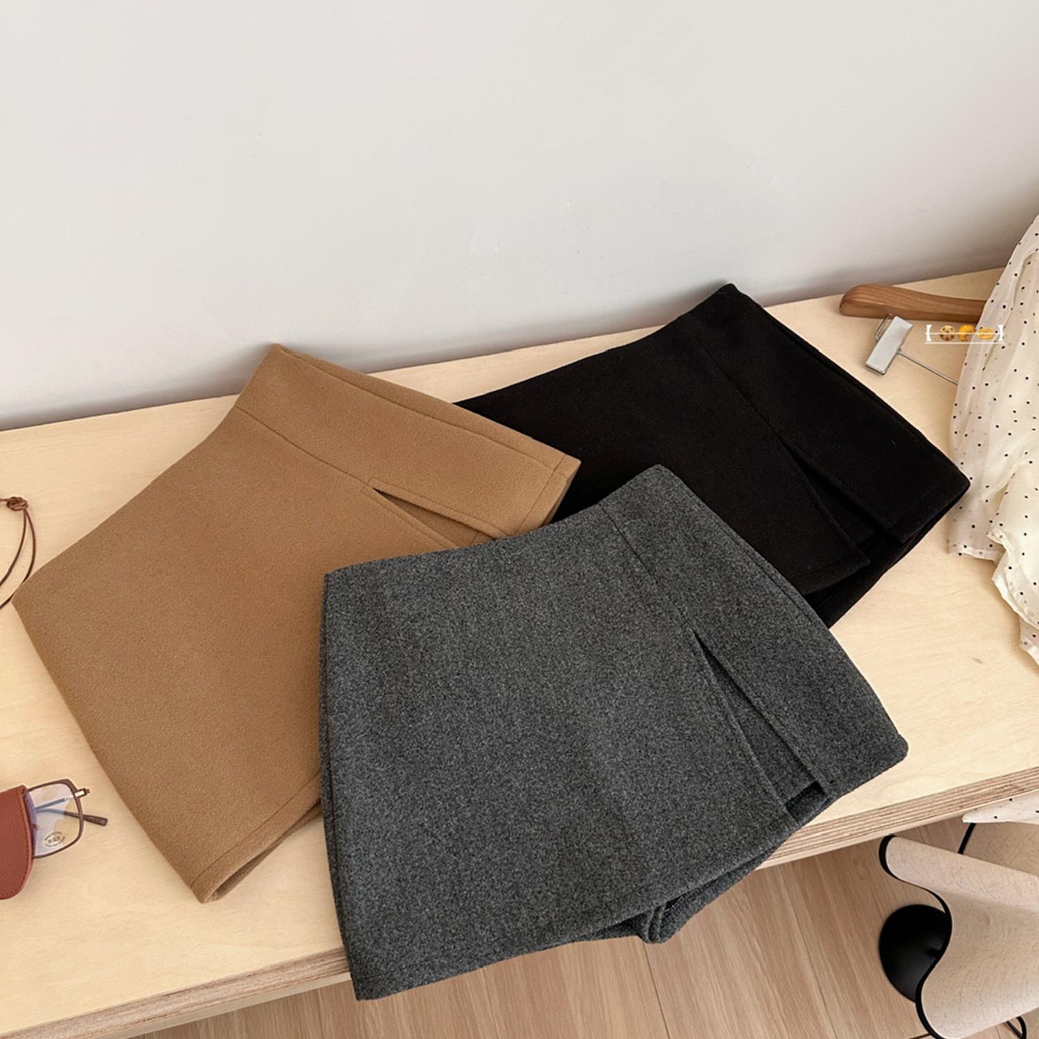 High-End Double-Layer Slit Woolen Skirt, Feminine and Versatile Pants Skirt, Anti-Exposure Short Skirt, High-Waisted A-Line Skirt