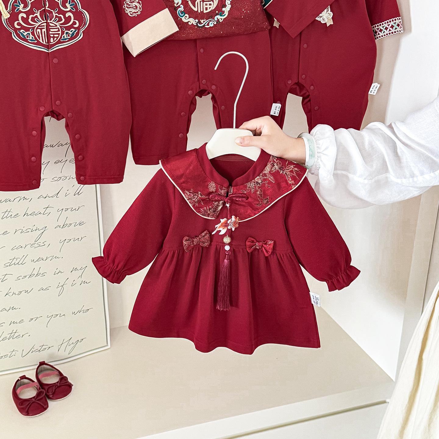 Girls' New Chinese Style Embroidered Red One-Year-Old Birthday Dress, Baby Girl Dress for Spring and Autumn, Infant Hundred-Day Celebration Princess Dress