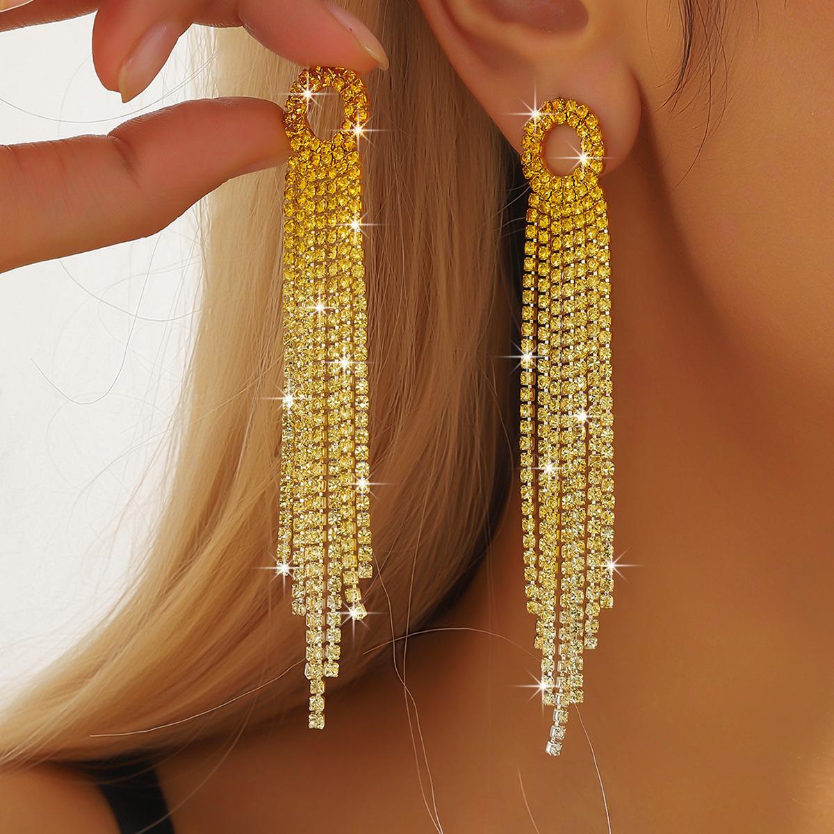European and American Cross-border Rhinestone Alloy Geometric Long Tassel Earrings Street Photographic Bridal Wedding Dinner Atmospheric Earrings Jewelry