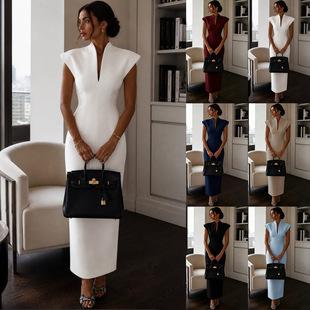 2026 Amazon Independent Site Cross-Border New Model Stand Collar V-Neck Sleeveless Waist-Cinching Bodycon Dress Gown