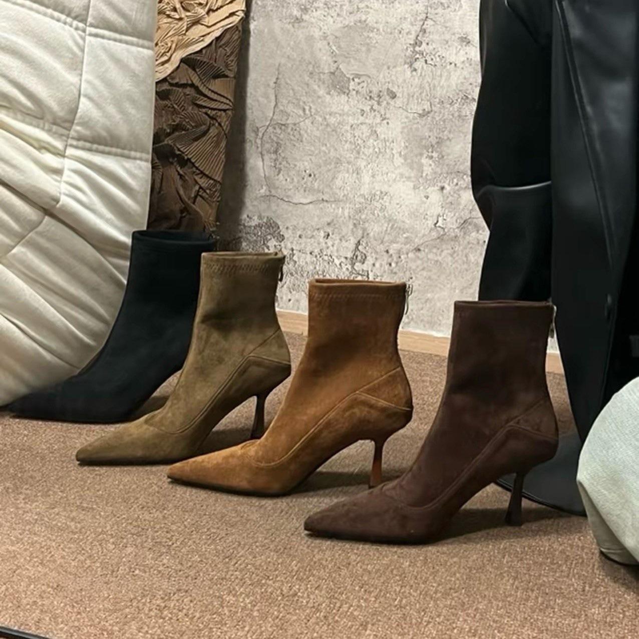Chuyuji French-style pointed-toe high-heeled ankle boots for women, slim-fit boots, 2026 autumn and winter new model, suede, thin heel, back zipper