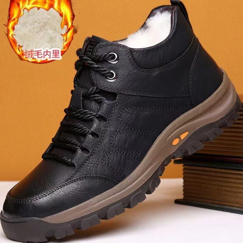 Cross-border plus size high-top men's shoes fleece-lined cotton shoes warm leather windproof outdoor sports casual shoes men's hiking shoes