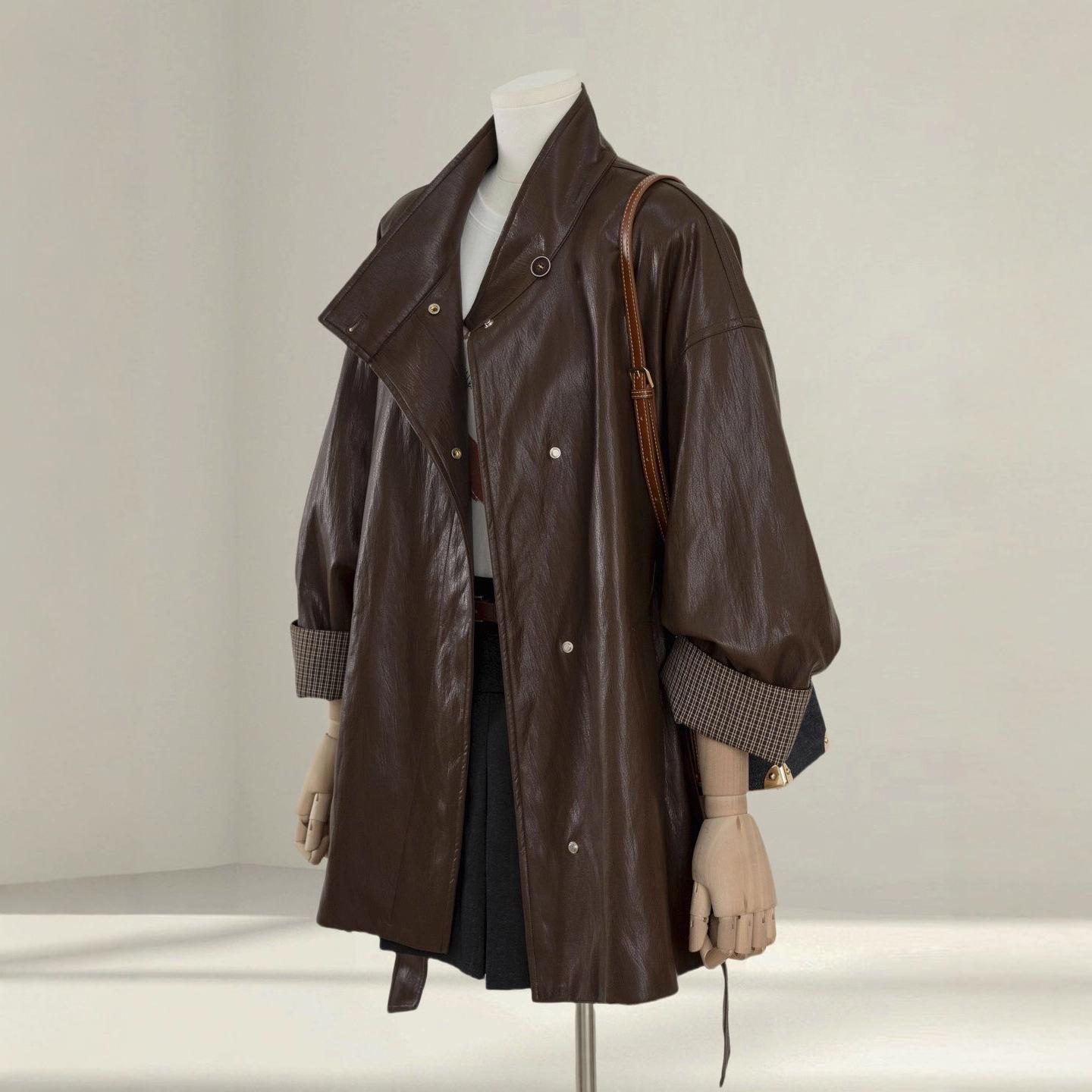 Textured Brown Leather Jacket for Women 2025 Spring and Autum New Loose Slimming Look Lace-Up Leather Jacket Top