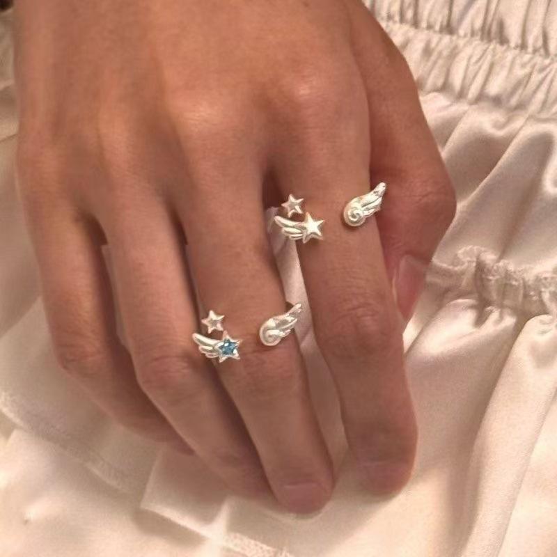 White Angel Star Wings Ring Female Niche Design Sweet and Cool Girl Cute Opening Adjustable Index Finger Ring