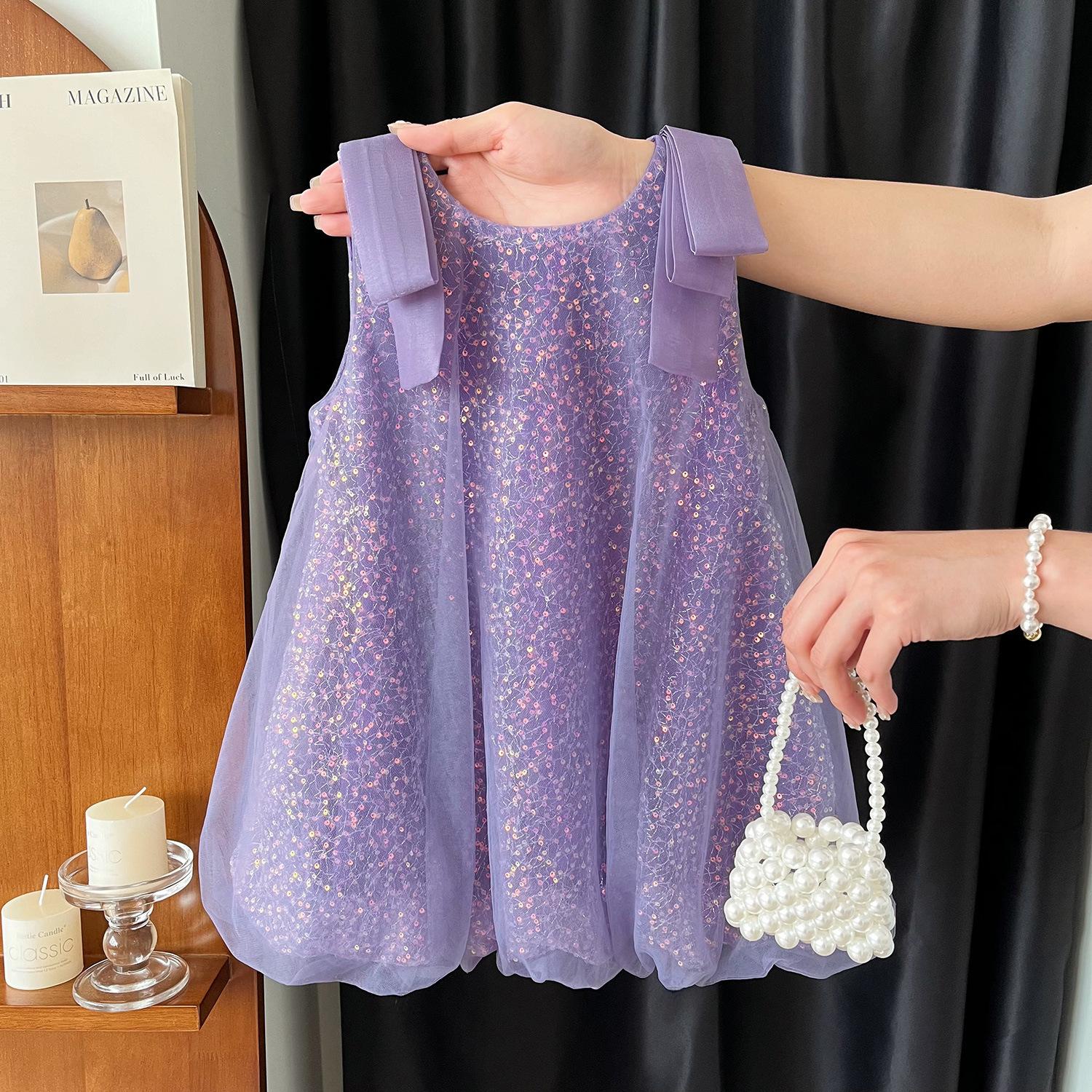 2025 Summer New Korean Style Girls' Sequined Mesh Tank Top Dress Baby Shiny Suspender Dress 29-30-36