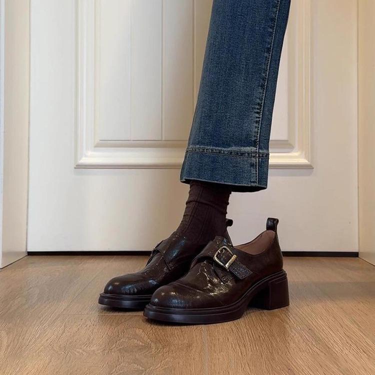 Sheepskin Version~Retro Leather Belt Deep-Cut Loafers for Women, Simple Workwear Style, Chunky Heel Slip-On Shoes, British Style Small Leather Shoes