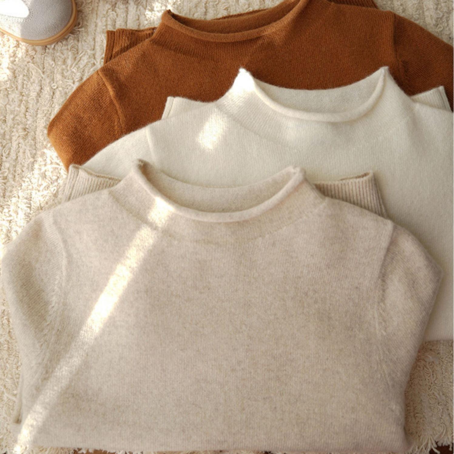 New Autumn and Winter Pure Color Curled Family Sweaters for Boys and Girls, Kidsren's Close-Fitting Woolen Sweaters with Half Turtleneck Bottoming