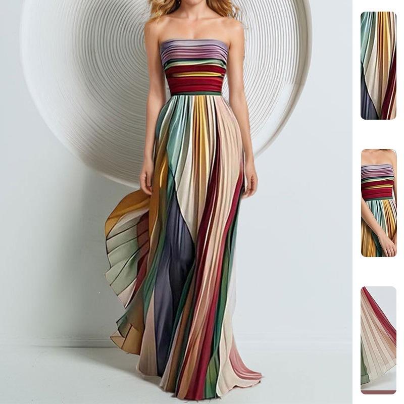2026 Summer Cross-Border European and American Rainbow Color Contrast Pleated Strapless Waist-Cinching Printed Evening Dress Fashionable Elegant Long Dress