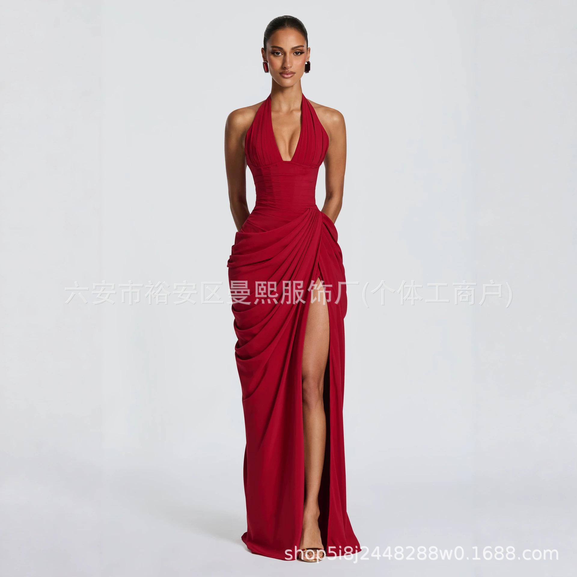 European and American style halter neck deep V-neck ruched slit mermaid evening dress, waist-cinching long gown for banquet hosts, foreign trade dress supply