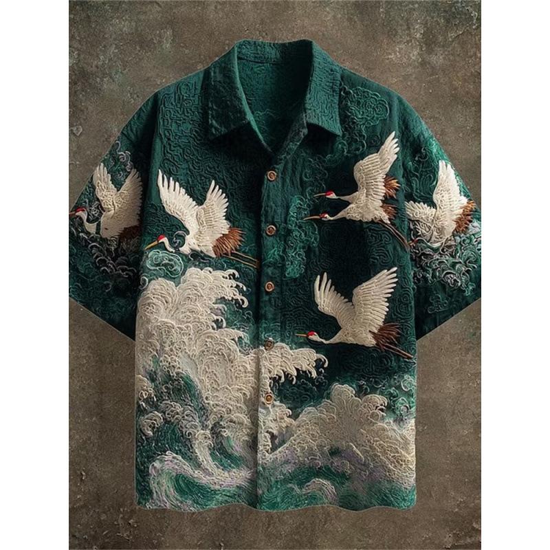 Vintage style men's short-sleeve shirt, retro ethnic tribal short-sleeve shirt, fashionable casual men's holiday shirt