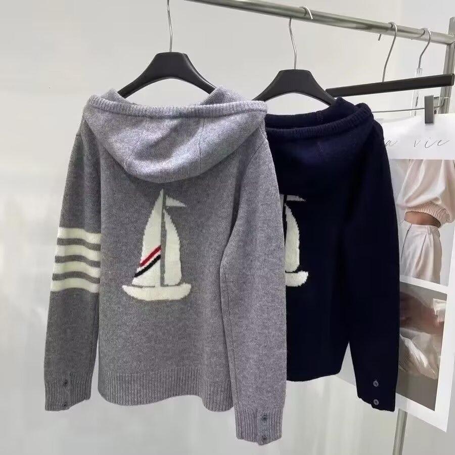 Men's hooded knitted cardigan with sailboat pattern on the back, new style, four stripes, loose casual sweater, wholesale jacket