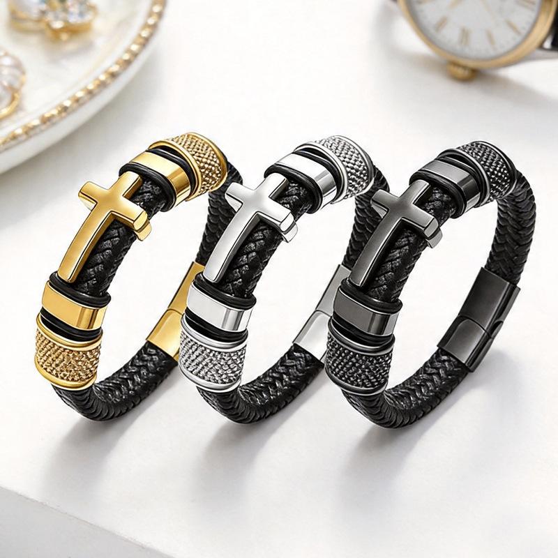 European and American fashion stainless steel retro cross hand-woven magnetic bracelet, a lightweight and minimalist leather accessory for men