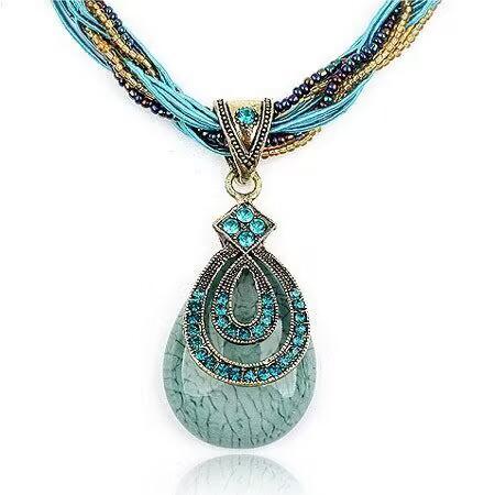 Cross-Border Popular Retro Ethnic Style Necklace European and American Fashion Bohemian Style Rice Beads Drop-Shaped Pendant Sweater Chain