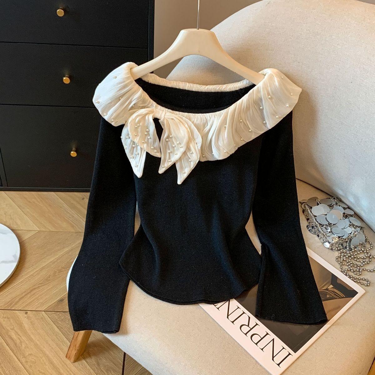 Pure Desire Sexy One-Line Collar German Velvet Long-Sleeved Sweater Women's Autumn and Winter New Design Beaded Lace Patchwork Top