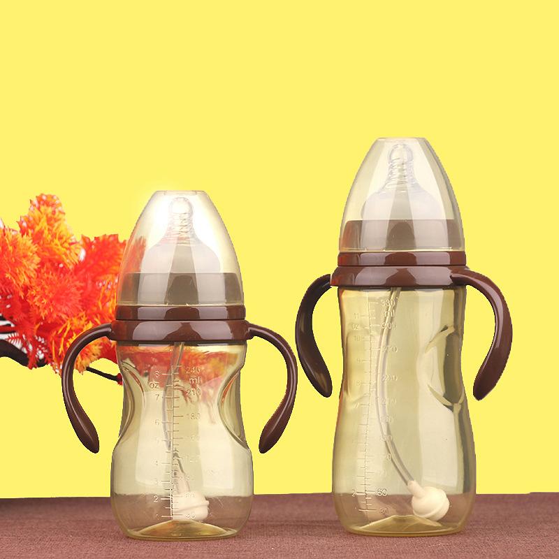 Wholesale baby wide caliber PP feeding bottle with handle nipple straw Baby Big feeding bottle supplies