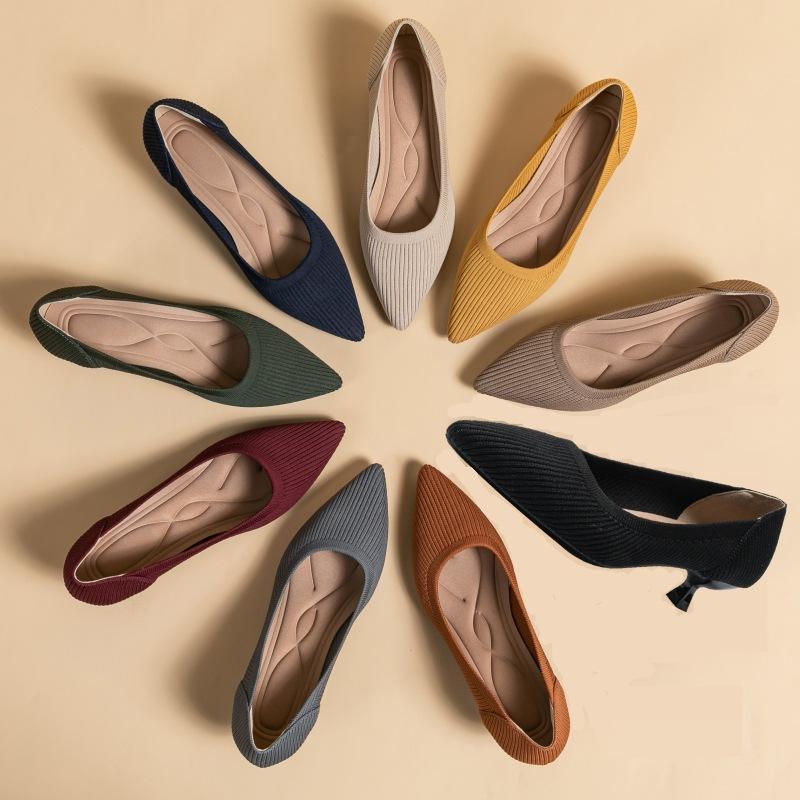 1507 Women's Pointed Toe Shallow Mouth Kitten Heel Soft Sole Knitted Princess Shoes Medium High Heel Flats for Women Comfortable and Trbottomy Elegant
