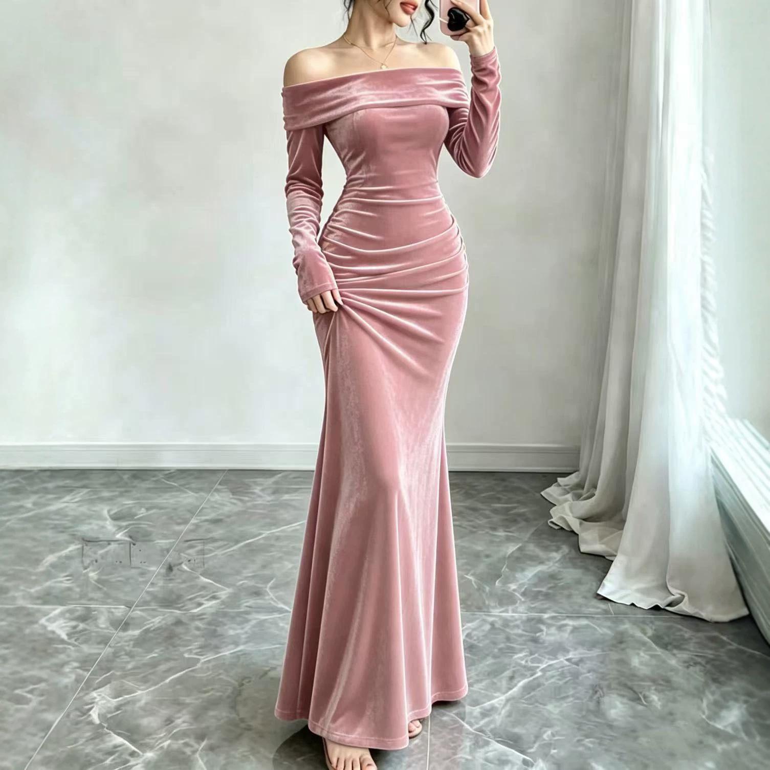2026 Amazon Independent Store Autumn/Winter Elegant Style Velvet Slim Fit Off-Shoulder One-Piece Dress for Women