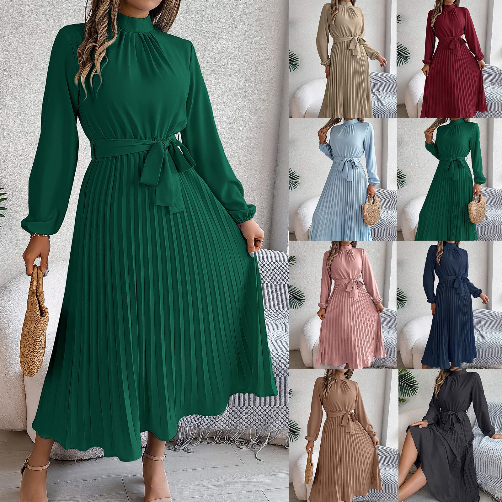 2026 European and American Autumn and Winter Elegant Stand-Collar Long-Sleeve Waist-Cinching Pleated Long Dress Cocktail Dress Amazon Cross-Border Women's Clothing