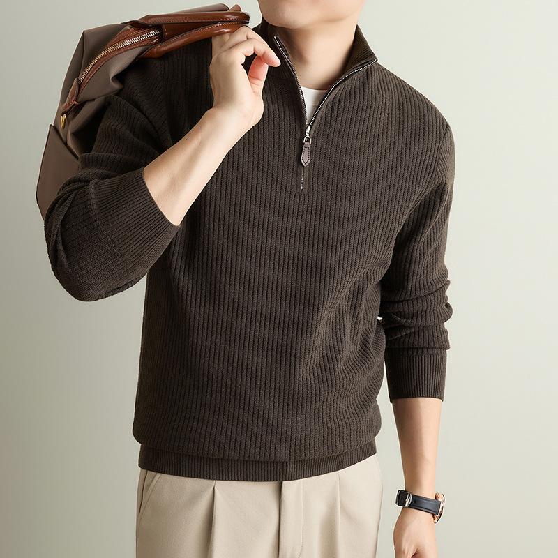 2026 new autumn and winter men's half-zip, stand-up collar, casual, fashionable, and thickened 400g wool-blend knit sweater