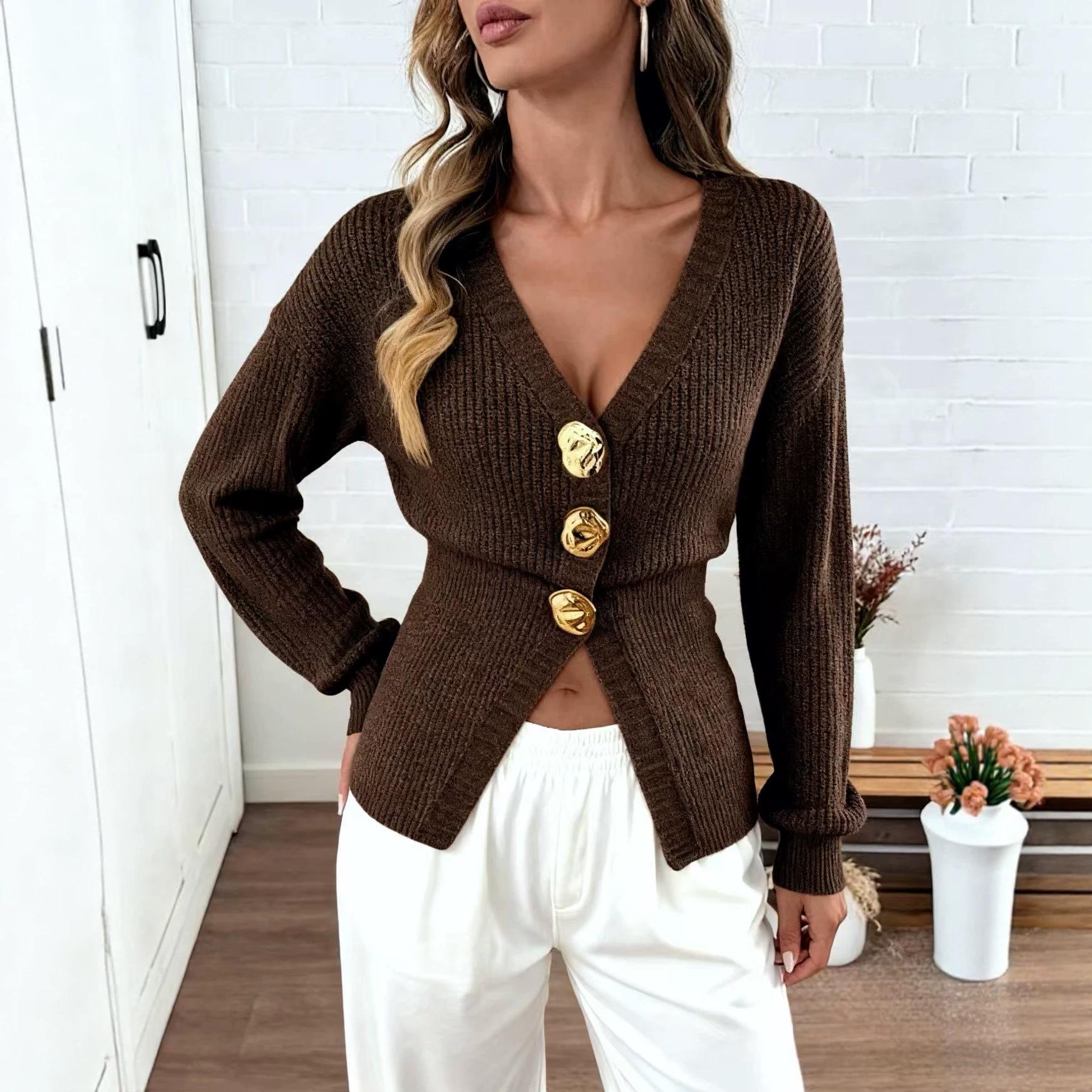 European and American cross-border Amazon 2026 Fall/Winter solid color gold button knit cardigan new slim fit V-neck long sleeve top