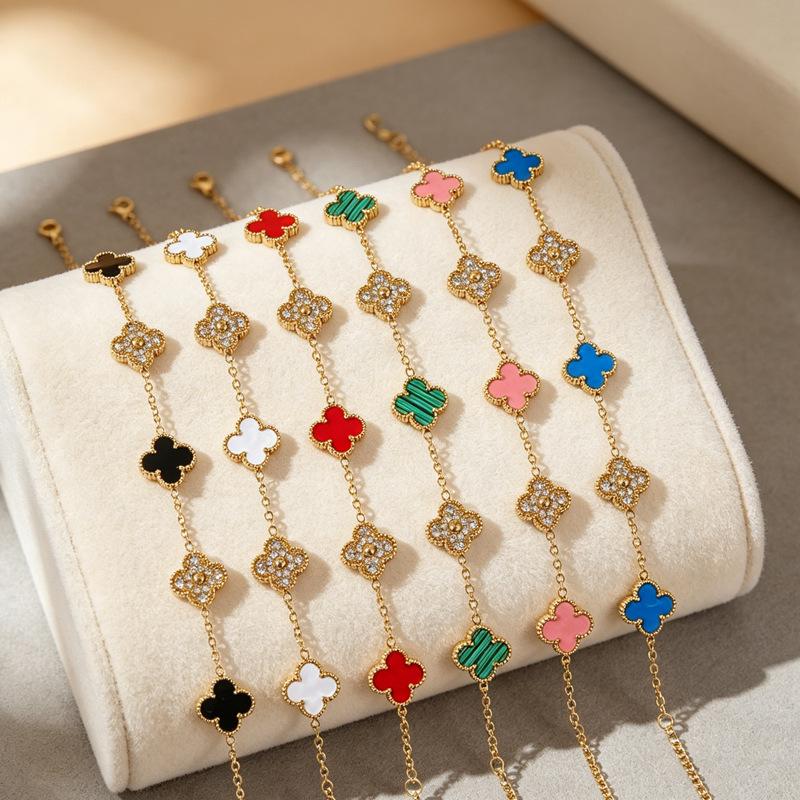 Non-Fading Titanium Steel Double-Sided 13mm Four-Leaf Clover Diamond-Encrusted Bracelet 18K Hand Jewelry for Women European and American Style Five-Flower Plant Flower Design