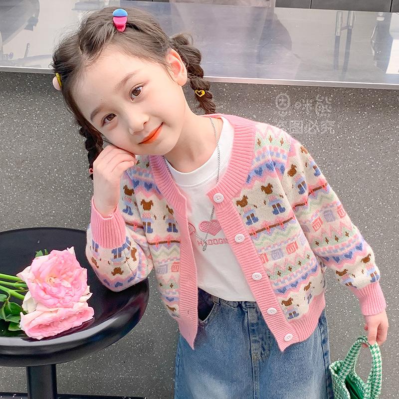 Girls Sweater Velvet Thickeneded Knitted Cardigan Spring & Fall New Style Baby Outwear Fair Isle Sweater