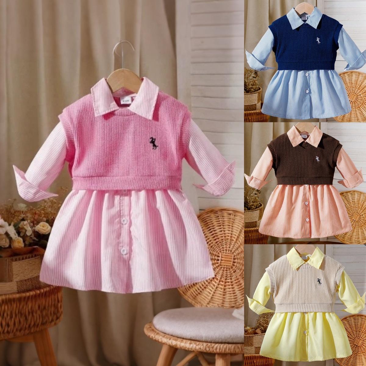 Baby Girls Clothes 0-3Y Infant Girls Spring and Autumn Long Sleeve Striped Shirt Dress + Knitted Vest