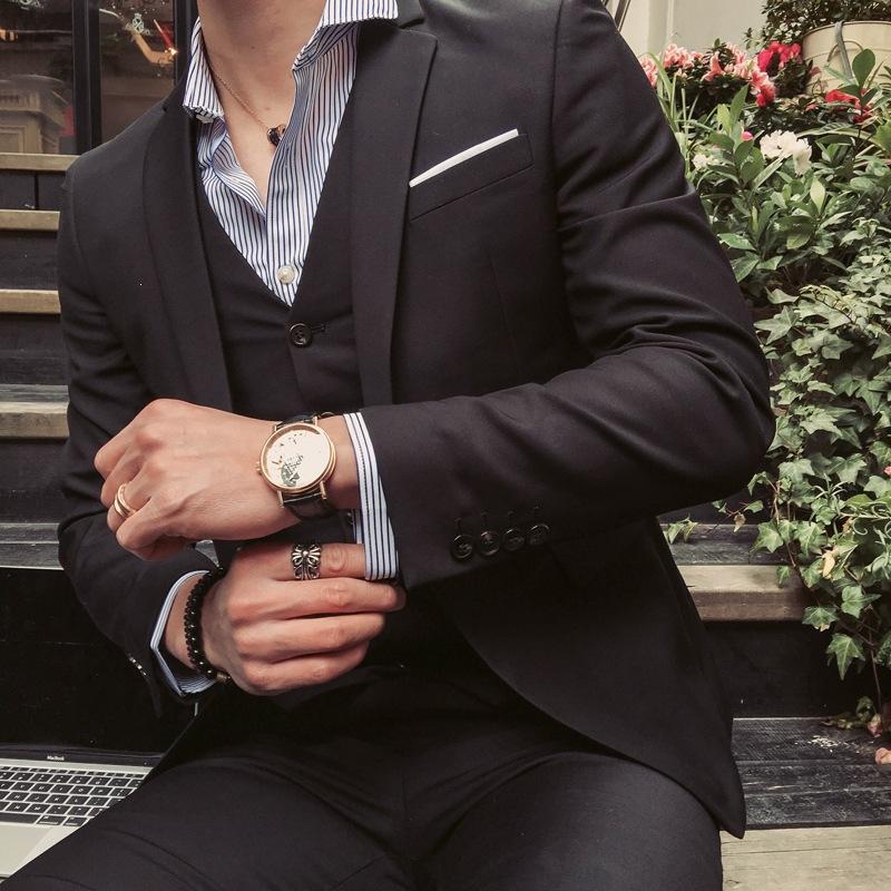 In-stock men's suit set, mandarin collar, three-piece, wedding groom's formal wear, 2026 spring collection, khaki and black, cotton