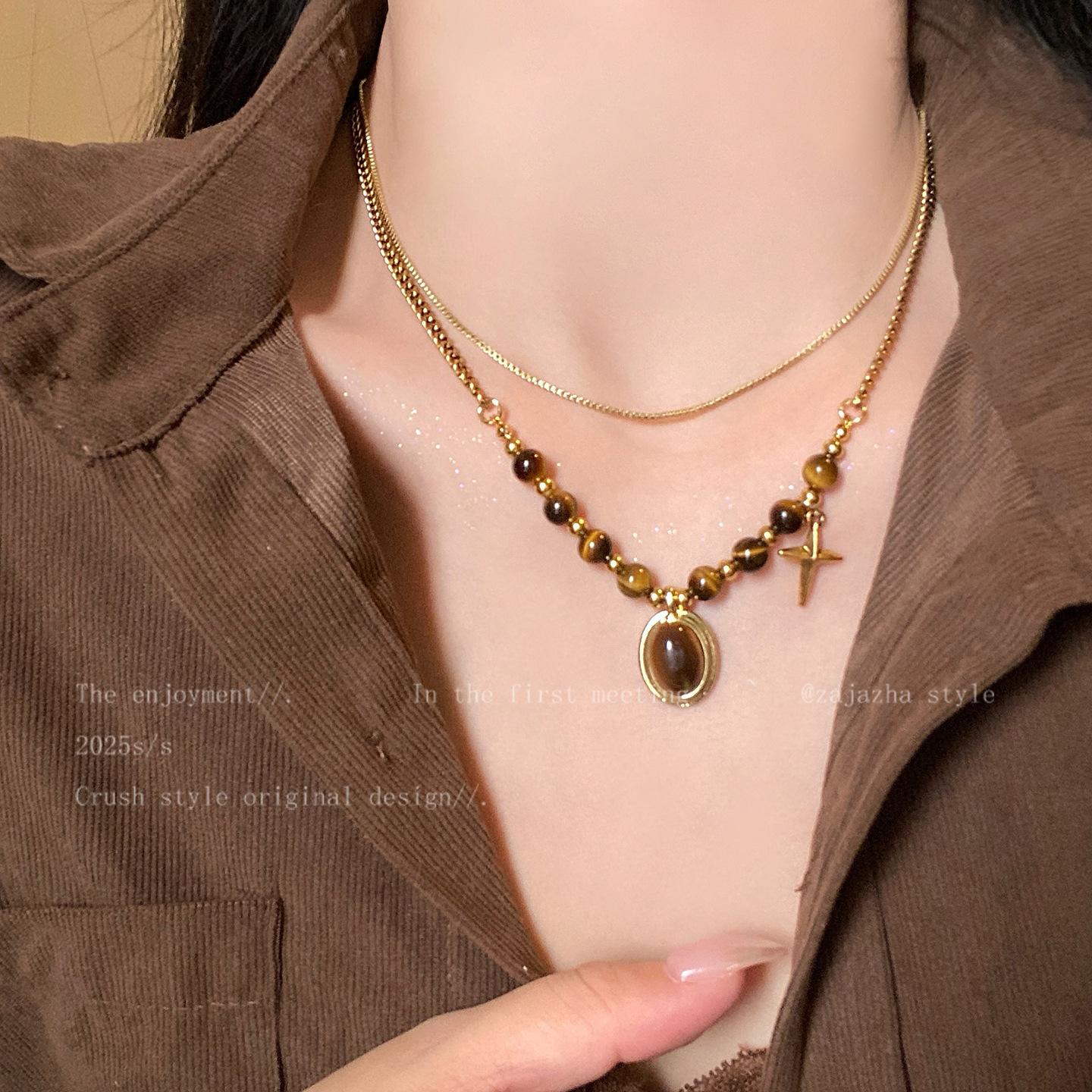 Maillard Oval Tiger Eye Stone Double Layer Necklace Women's Light Luxury Niche Design Stacked Sweater Chain 2025 New Accessories