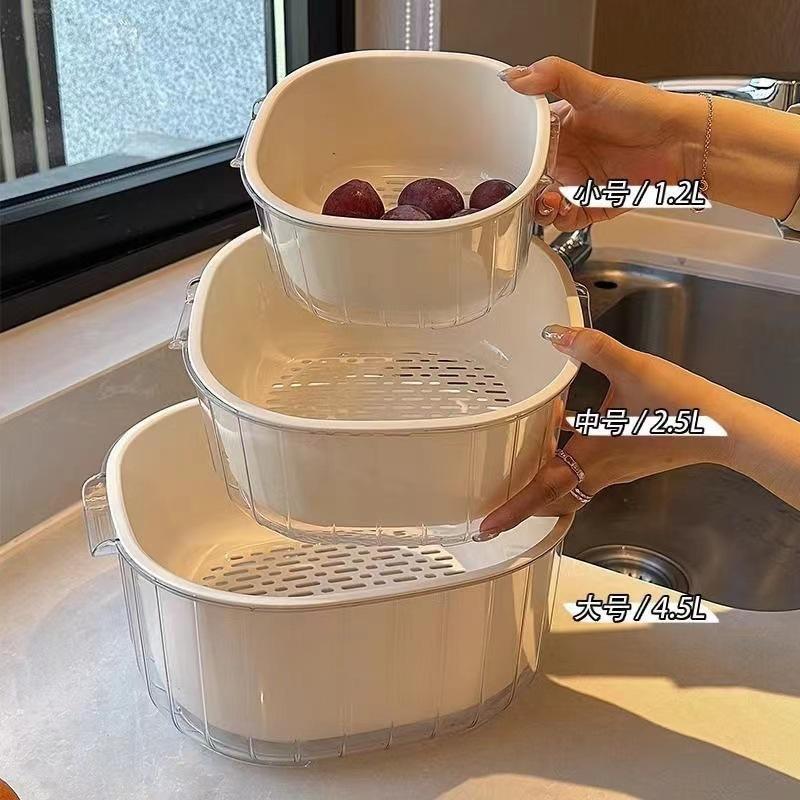 Pet Double-Layer Vegetable Washing Basin with Draining Basket, Kitchen Supplies, Living Room Tea Set, Household Fruit Tray Basket