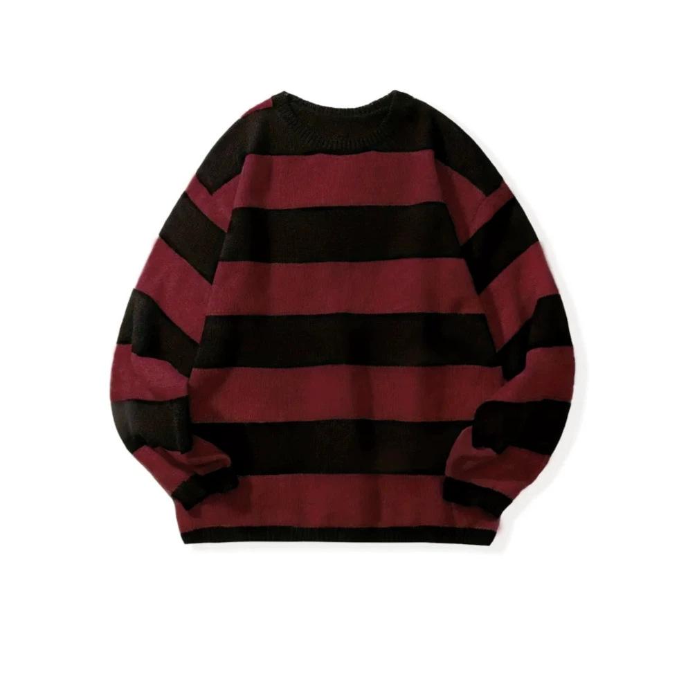Cross-border men's and women's autumn and winter blue-black and black-red contrast striped round-neck sweater, loose and casual pullover knitwear