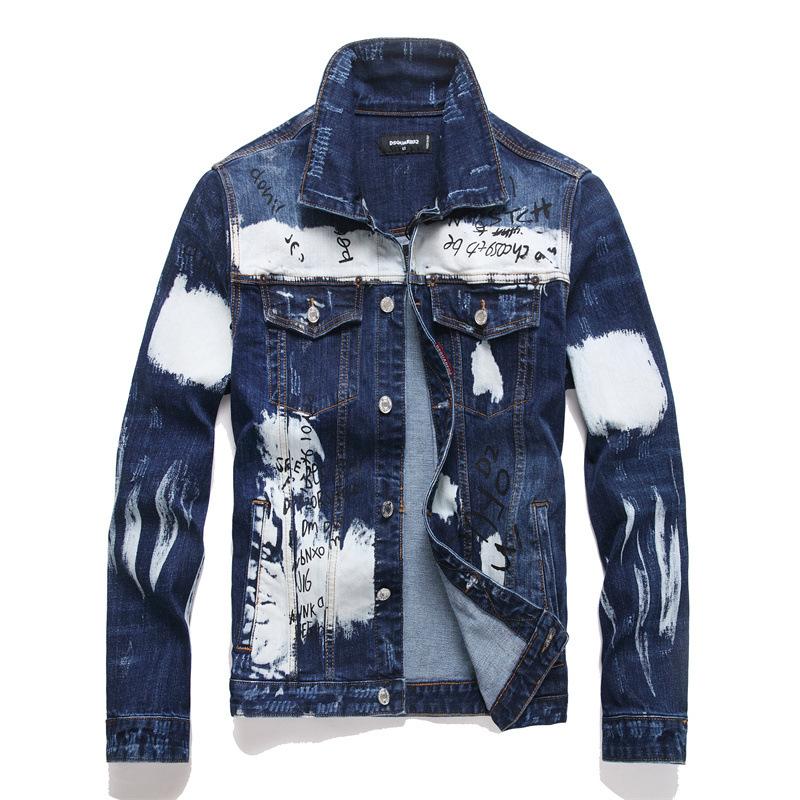 Cross-Border Hot-Selling Versatile Autumn and Winter Denim Jacket for Men with Splash Ink Embroidery, Personalized Heavy-Duty Graffiti Coat, Trendy 8281