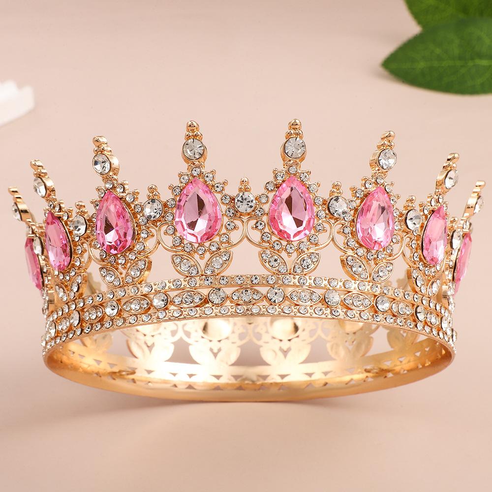 Cross-Border Baroque Alloy Round Crown Rhinestone Headpiece Birthday Adult Ceremony Crown Round Crown Crown for Women