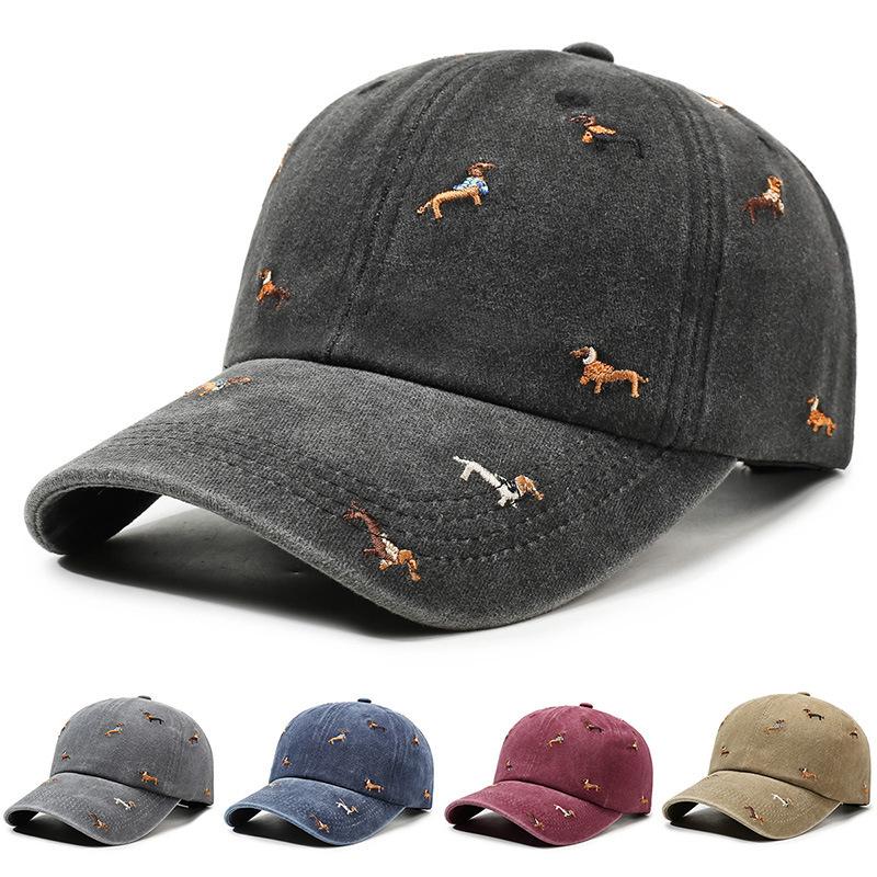 New washed men's fashion baseball cap with puppy embroidery, soft top, street retro trendy duckbill cap wholesale