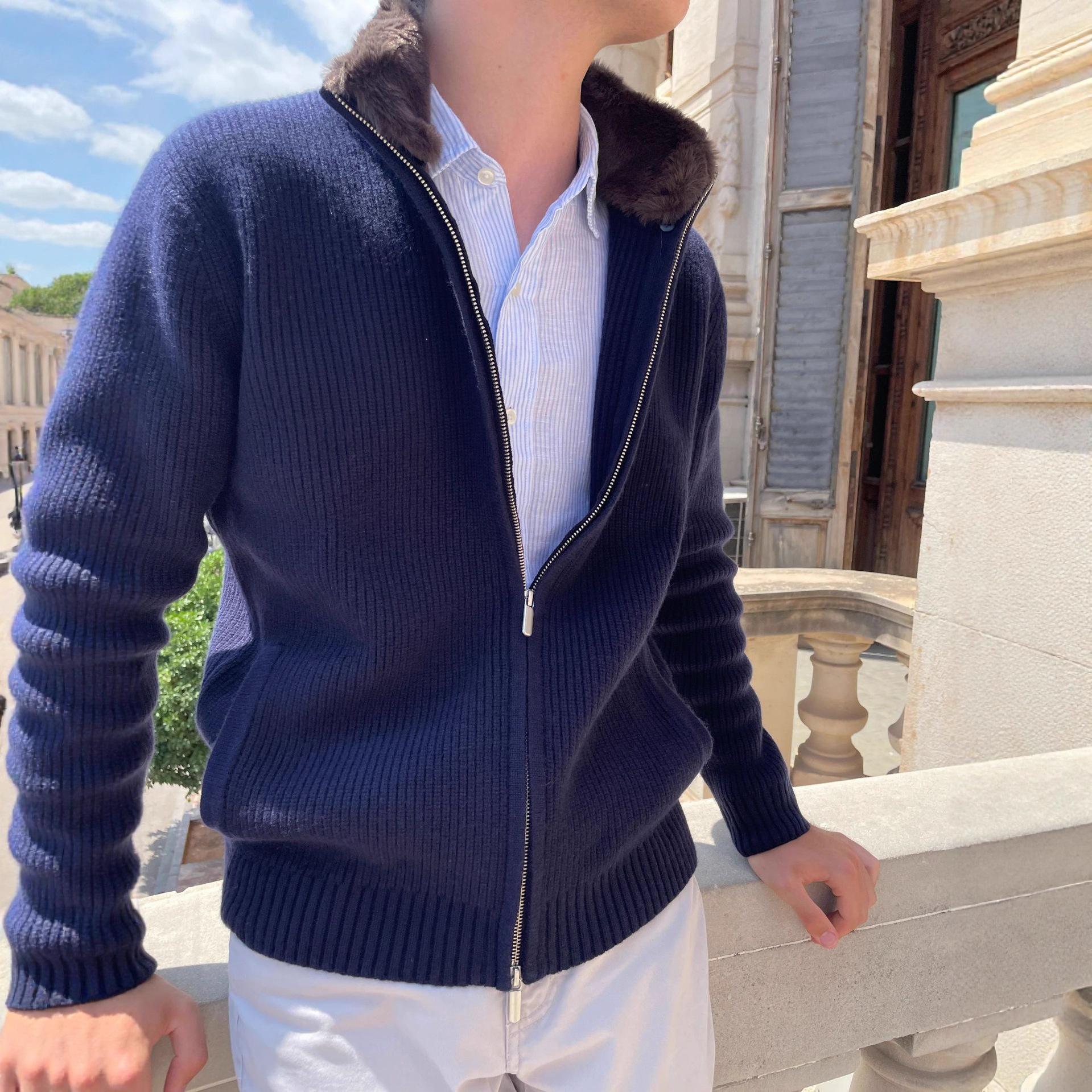 Cross-Border Exclusive Amazon Cardigan Sweater Men's Autumn and Winter New Lapel Fur Collar Sweater Jacket Ready-Made Factory