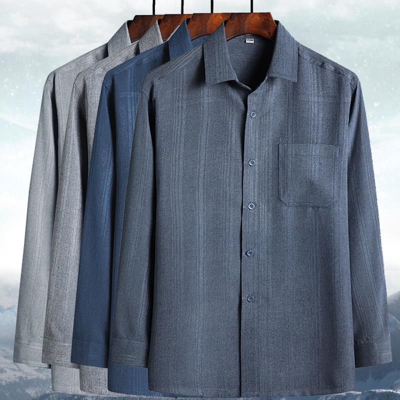 Spring and Autumn Summer Clothes Dad Long Sleeve Shirt Middle-aged and Old Men's Grandpa Old Man Shirt Cotton Linen Loose 60-70-80 Years Old
