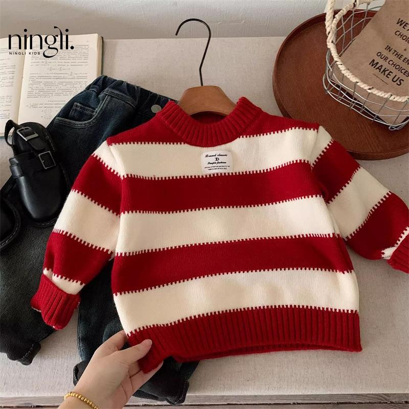 Ningli Children's Sweater 2026 Autumn/Winter Boys and Girls New Year Warm Knitted Sweater Baby Striped Base Shirt New Year Outfit
