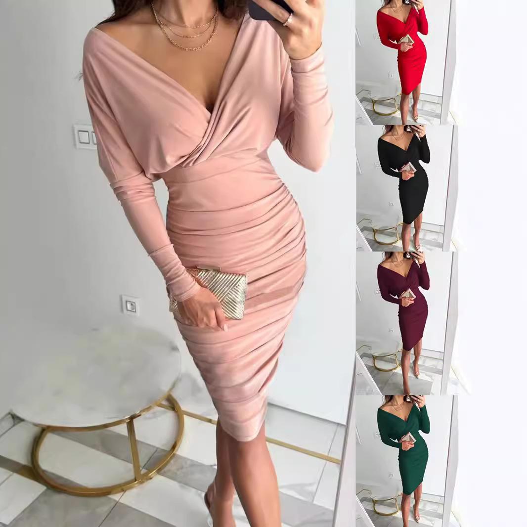 2024 independent station wish Amazon new autumn and winter long sleeve V-neck sexy waist hip dress women's clothing