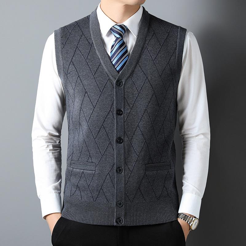 Middle-Aged and Elderly Men's Knitted Cardigan Vest, Casual Loose-Fitting Sleeveless Sweater for Seniors, Autumn