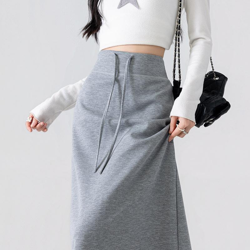 Y Gray Skirt for Women, New Autumn Fashion, Casual, Slimming, Elegant, Solid Color, Back Slit, High-Waisted A-Line Skirt