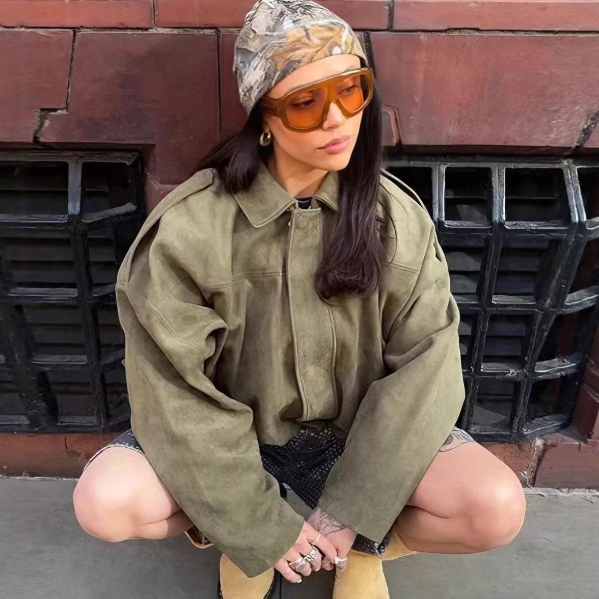Aliexpress Cross-Border Wholesale European and American Fashion Aviator Suede Jacket Batwing Sleeve Zipper Casual Top
