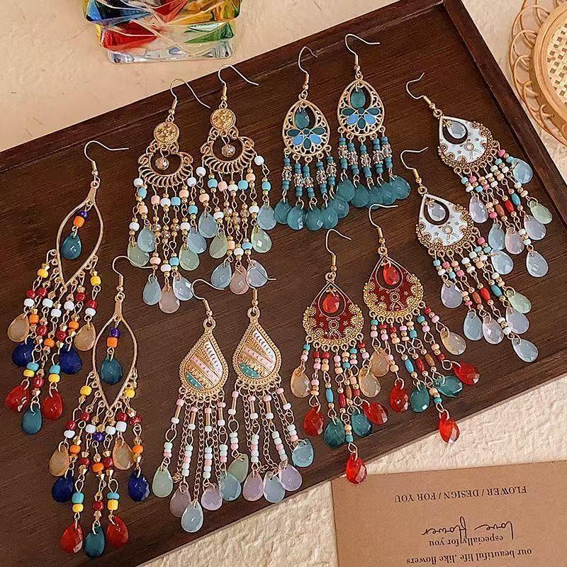 Ethnic Style Crystal Long Tassel Earrings Personalized Photograph Face Skinny Exaggerated Earrings Bohemian Tourism Jewelry